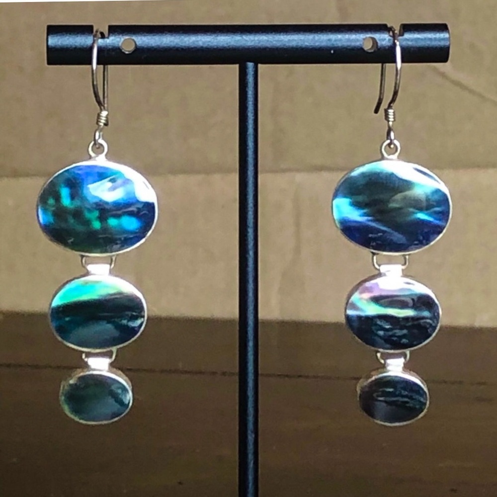 STERLING SILVER Abalone Cabochon Triple Drop Dangle French Wire Earrings
